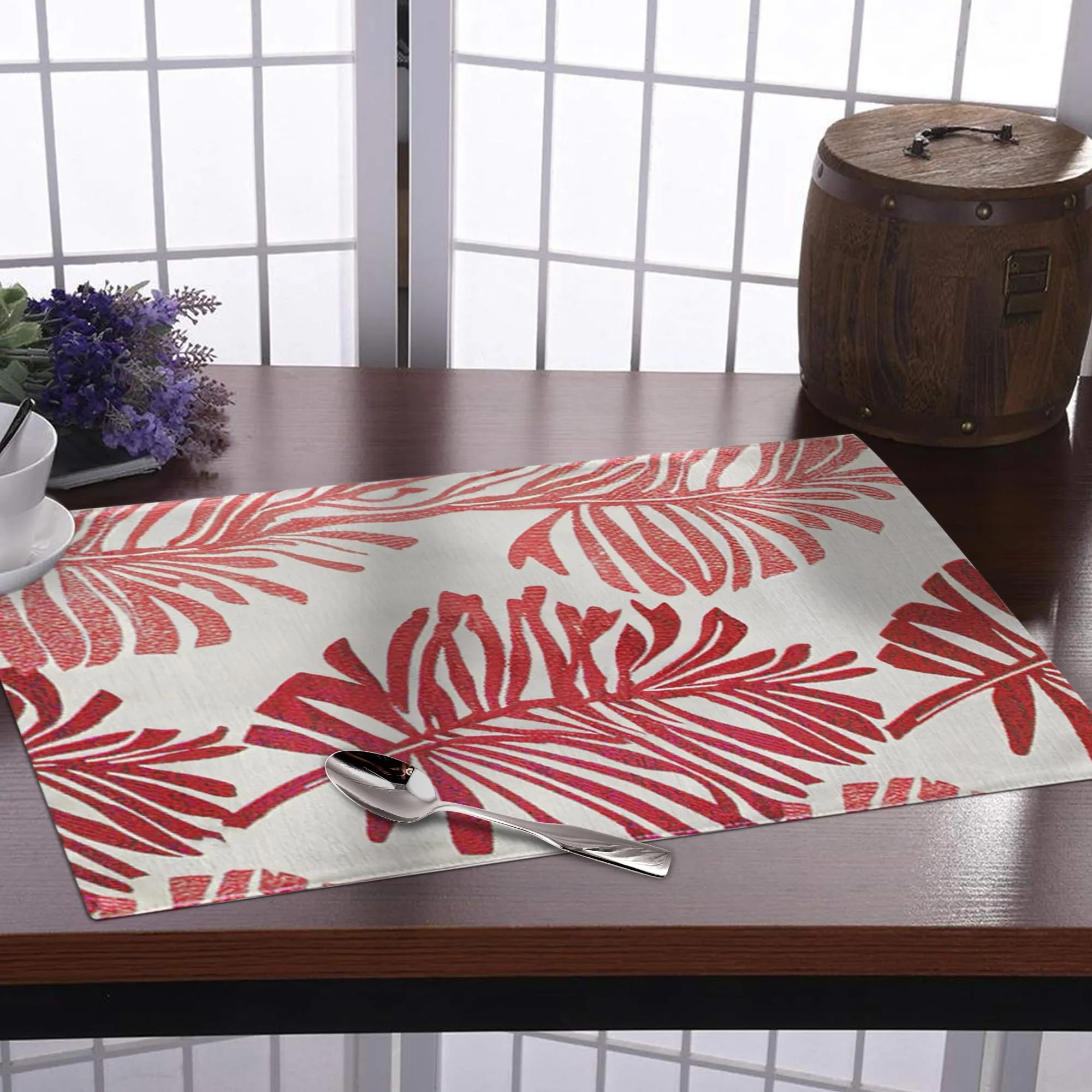 Kuber Industries 30 Pcs Dining Table Mats | Cloth Placemats for Food Plates & Hot Pots | for Home & Restaurants | Leaf Design -White & Red