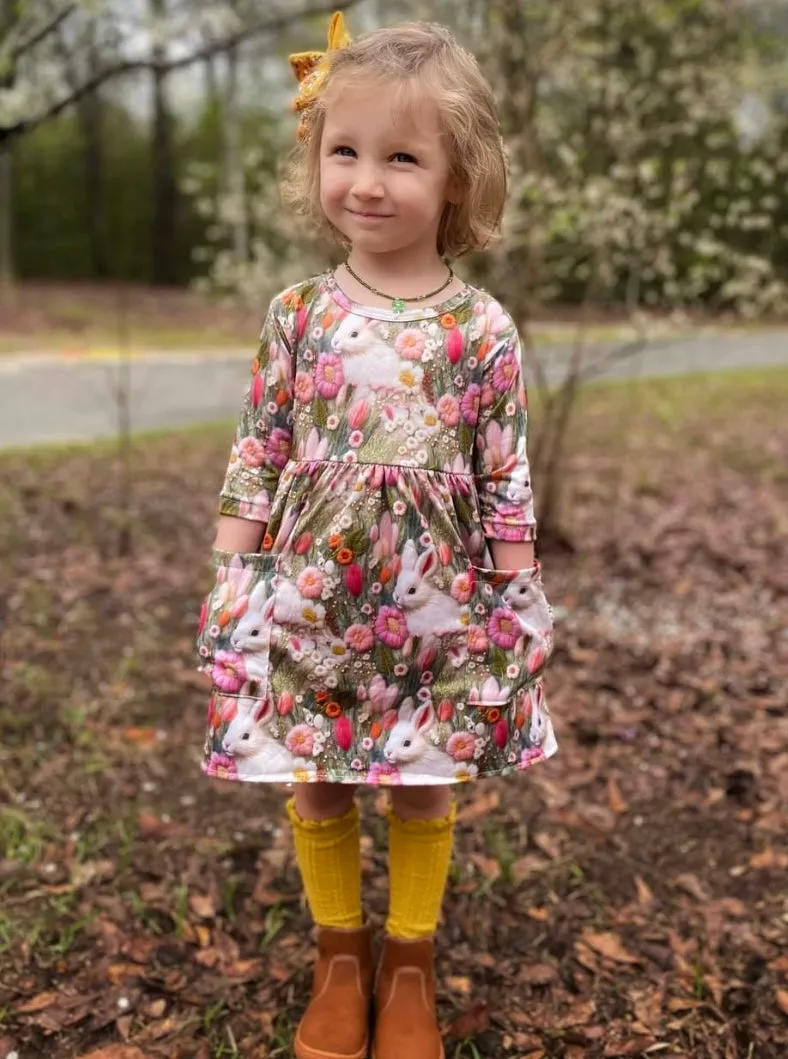 Pocket Dress ~ Faux Embroidered Bunnies